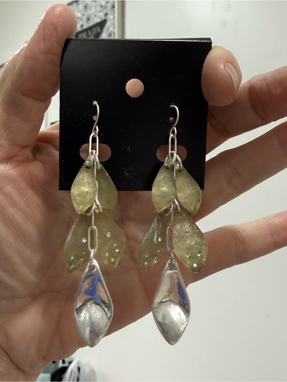 Handcrafted Green Leaf Drop Earrings with Silver Petal Accents